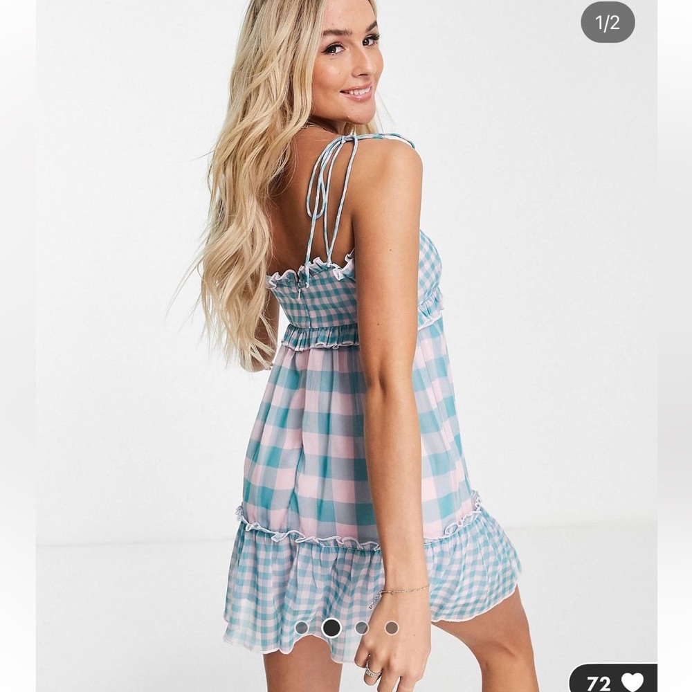 Miss Selfridge chiffon frill detail mini slip dress in blue gingham print